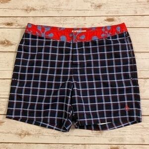 Original Penguin Blue and Red Plaid Swim Trunks Size 34